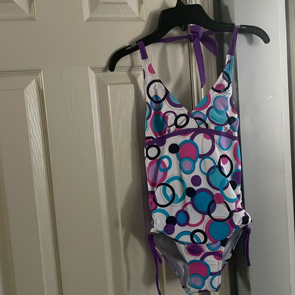Justice girls swimsuit 1 piece halter neck size 10. Geometric design.